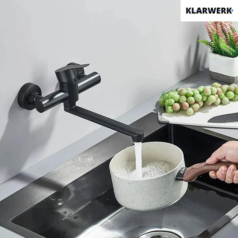 MAX | rubinetto miscelatore catering a parete nero | rubinetto cucina professionale in acciaio inox lungo e piatto | ristorante a parete bocca dritta