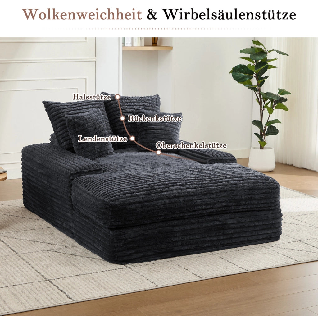 Chaise longue grigia in velluto a coste con 4 cuscini