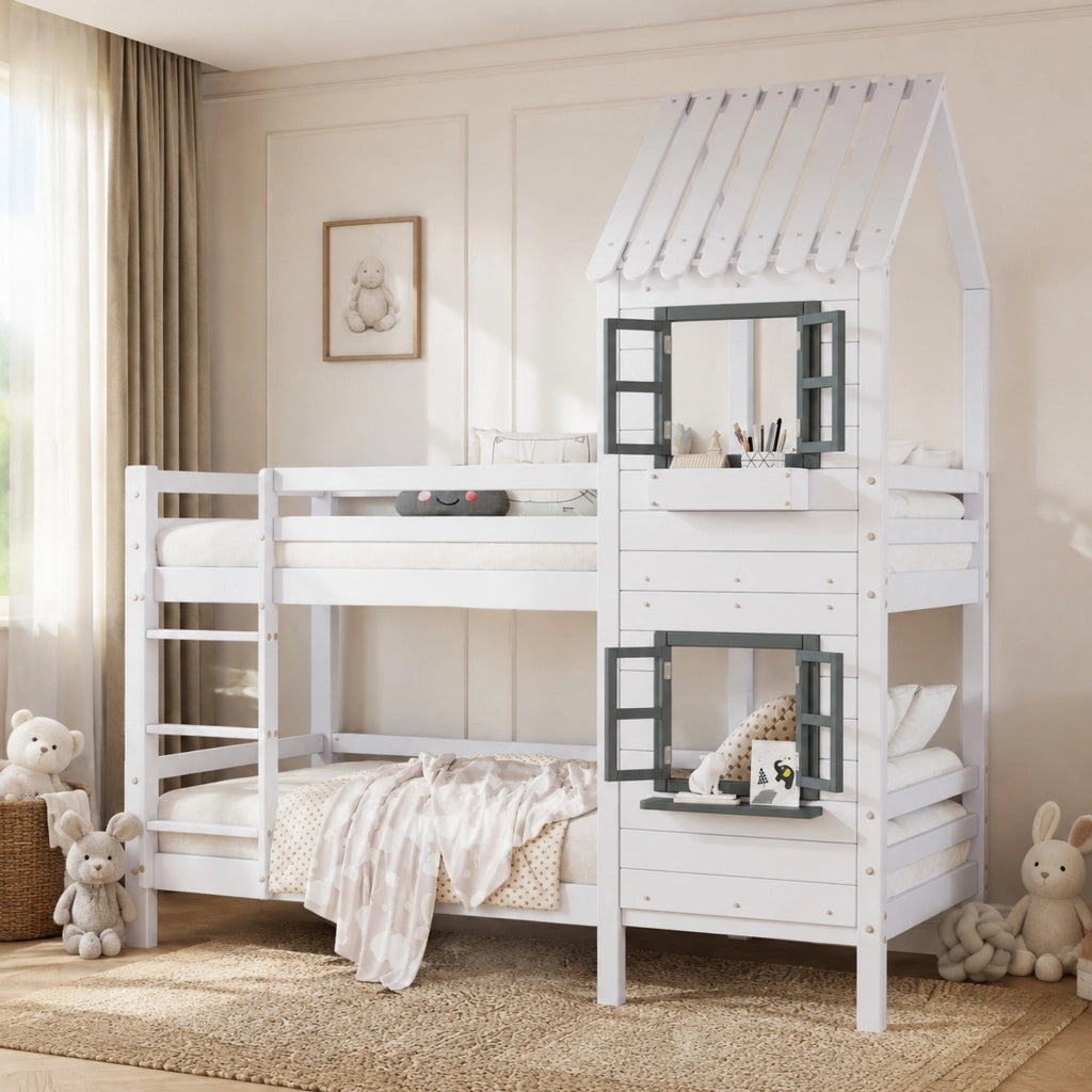 Letto a castello a casetta 90x200 cm bianco e grigio