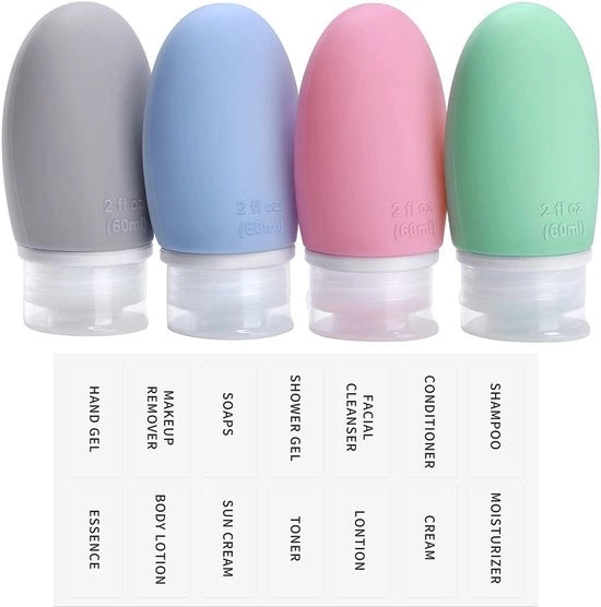 Set di flaconi da viaggio da 4 - 100 ml - Libero da residui - Contenitori trasportabili e riutilizzabili - Senza BPA - Certificato TSA - Materiale siliconico morbido - Tubi da viaggio
