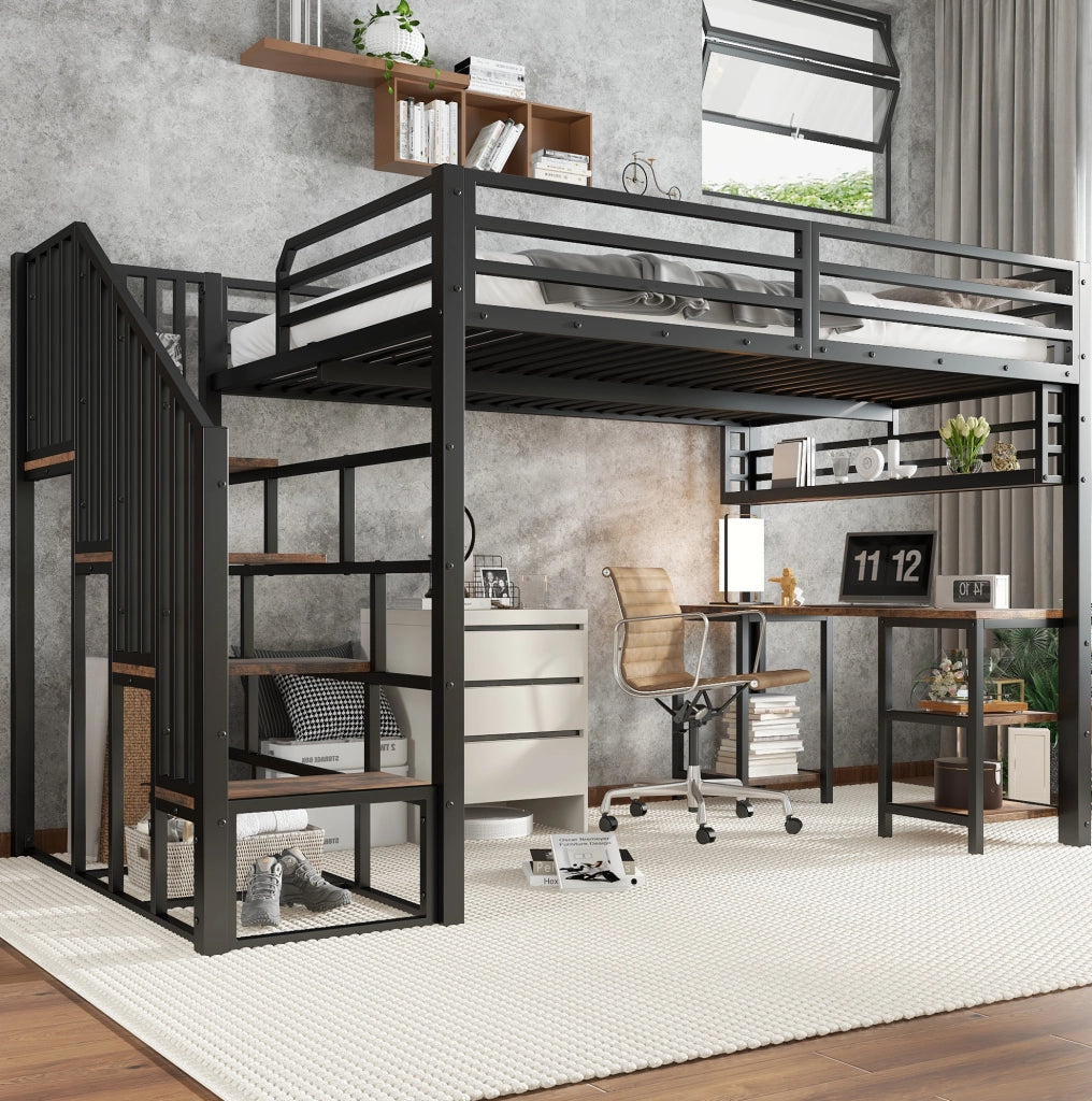 Letto a soppalco 120x200 cm con scrivania e scaffale in ferro e truciolare nero e noce scuro