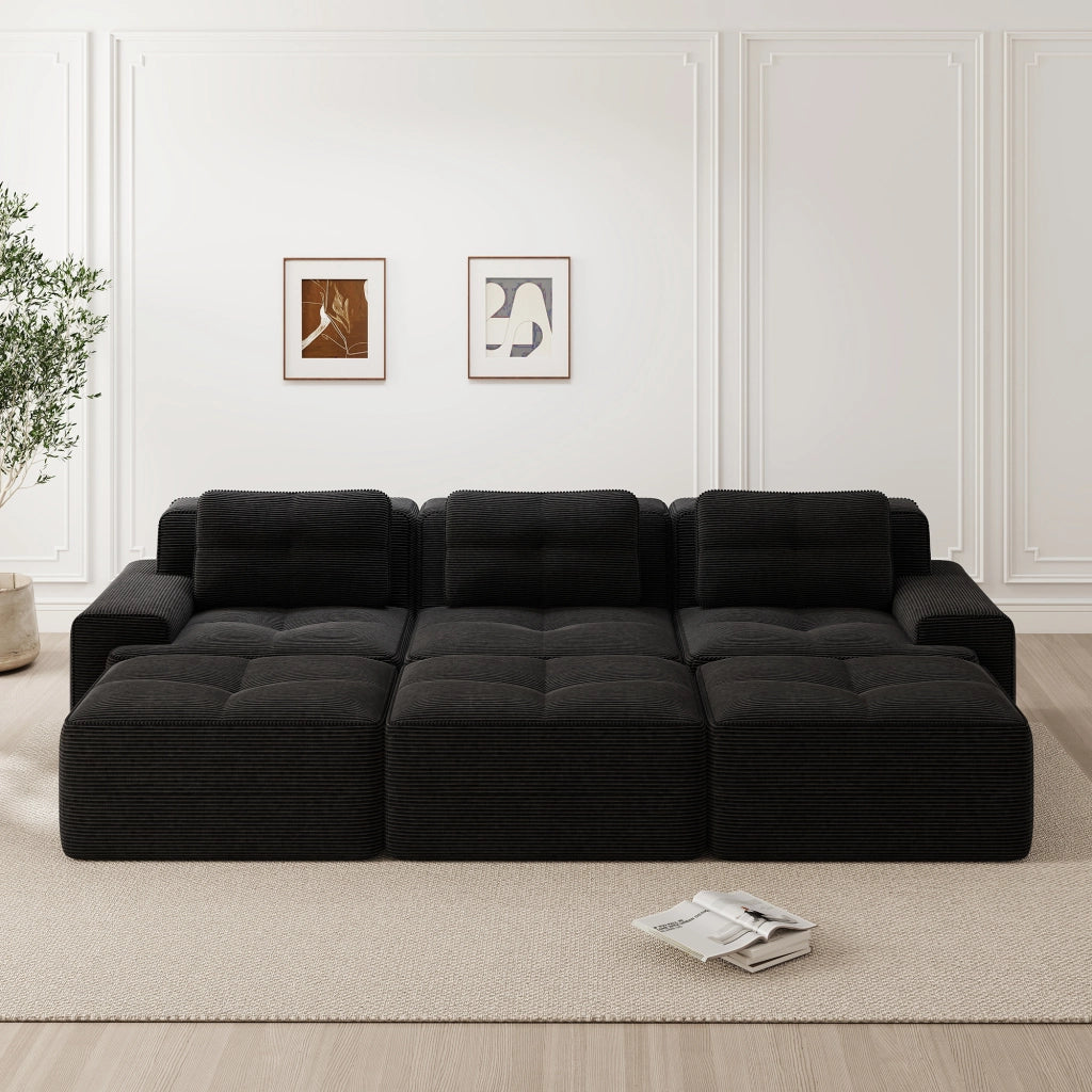 Divano modulare angolare in velluto a coste con funzione letto, seduta profonda e braccioli ampi nero