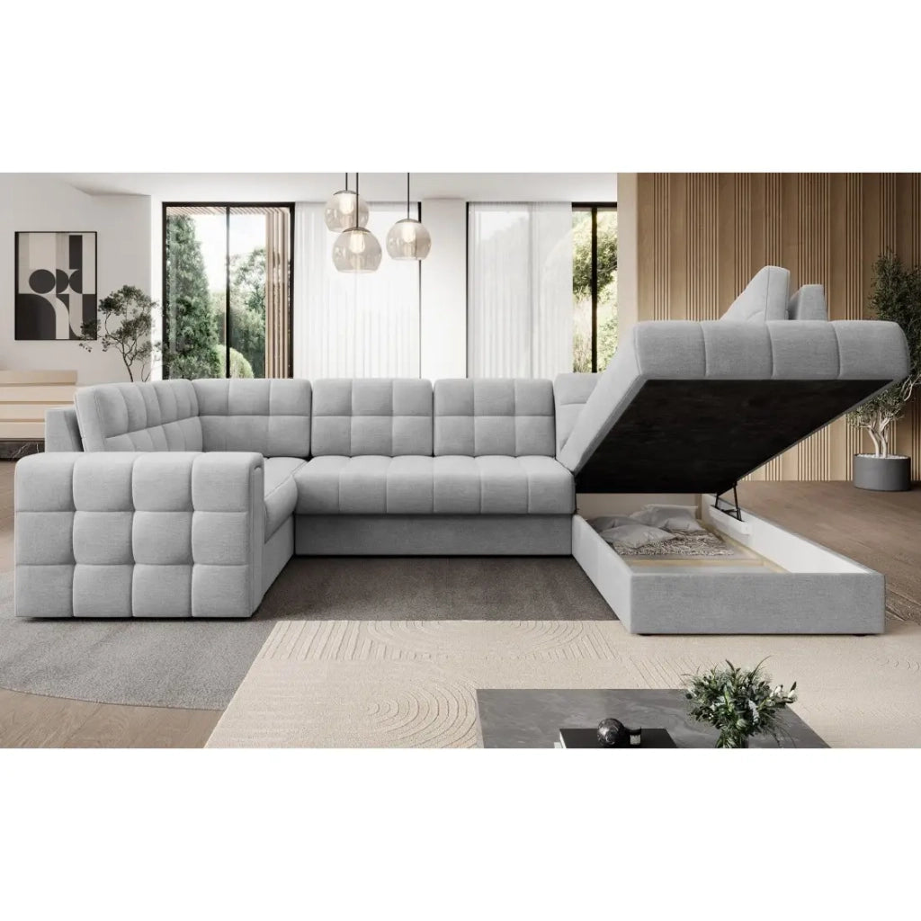 Divano ad angolo convertibile MONTEZA grigio 299 cm con contenitore e letto
