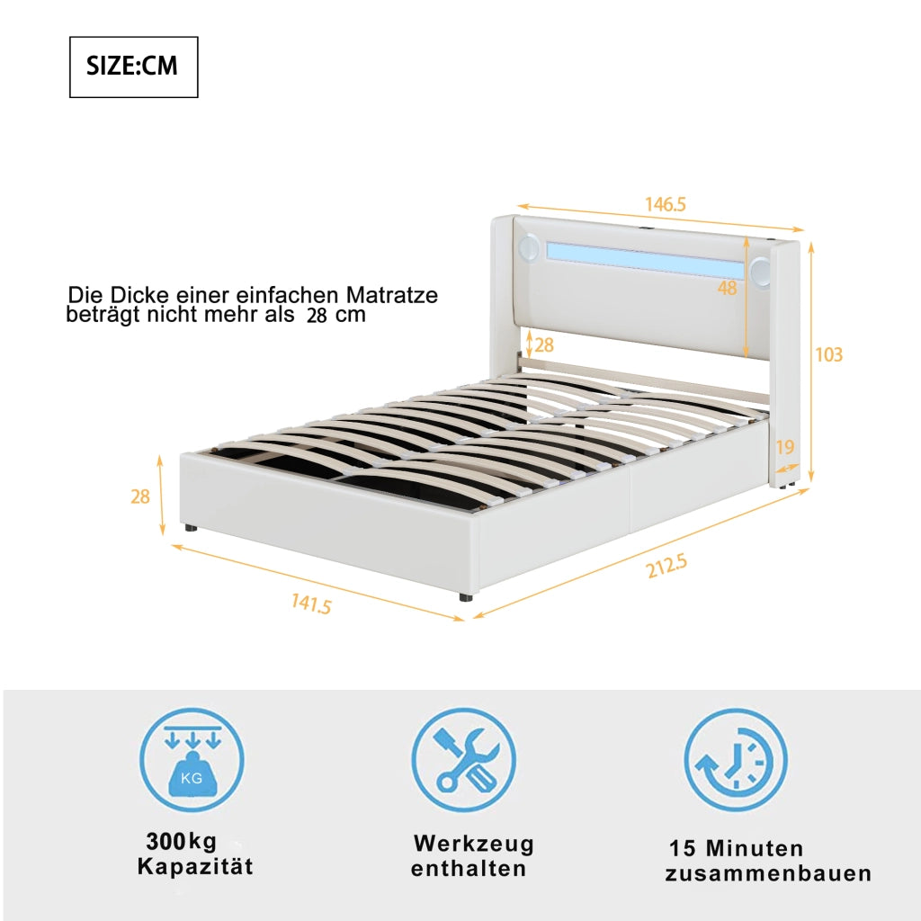 OKWISH Letto Contenitore 140×200 cm, Letto Matrimoniale con LED Regolabile, Bluetooth, USB e Tipo C, senza Materasso, in Ecopelle Bianco