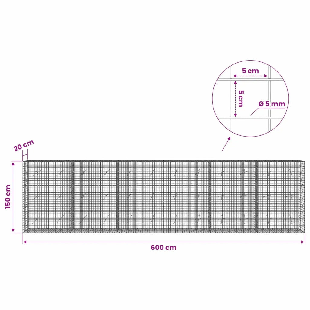 Gabione con filo da 5 mm e rete da 5x5 cm 600x20x150 cm 3464094