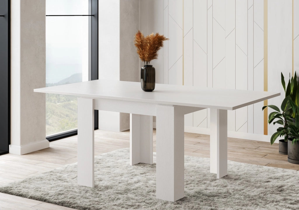 Tavolo Allungabile Moderno Da 4 A 8 Persone Gambe Spesse Design Minimal Meccanismo Centrale Estensibile Ideale Per Cucina o Sala da Pranzo 90 x 90 / 180 x 90 Cm Bianco