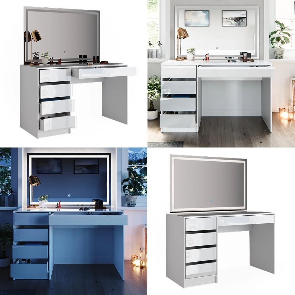 Tavolo da toeletta Sherry, Bianco, 120 cm con illuminazione a LED, con illuminazione LED e grande specchio rettangolare