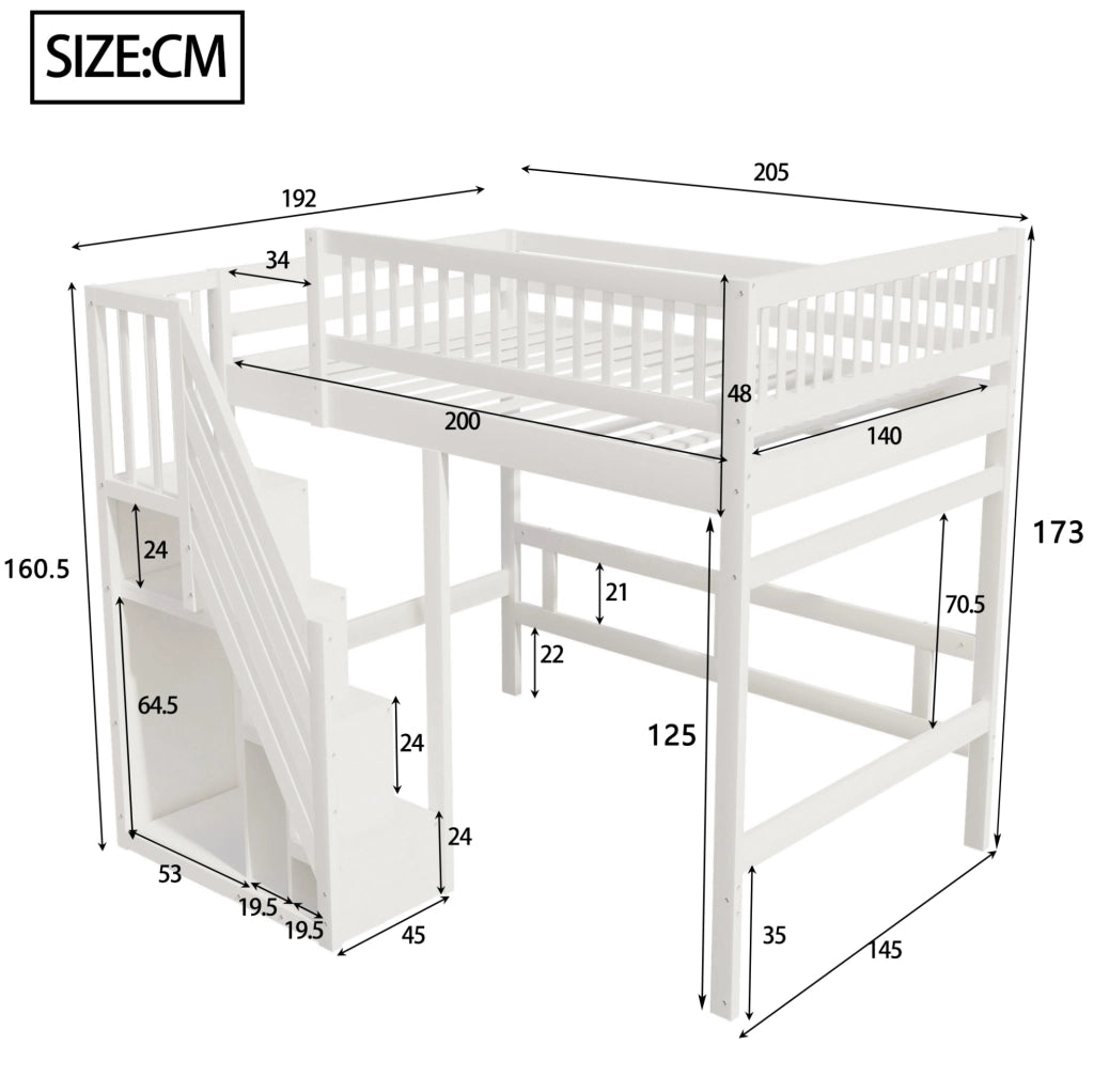 Letto singolo rialzato 140x200 cm in legno con scala contenitore; sponde alte; bianco