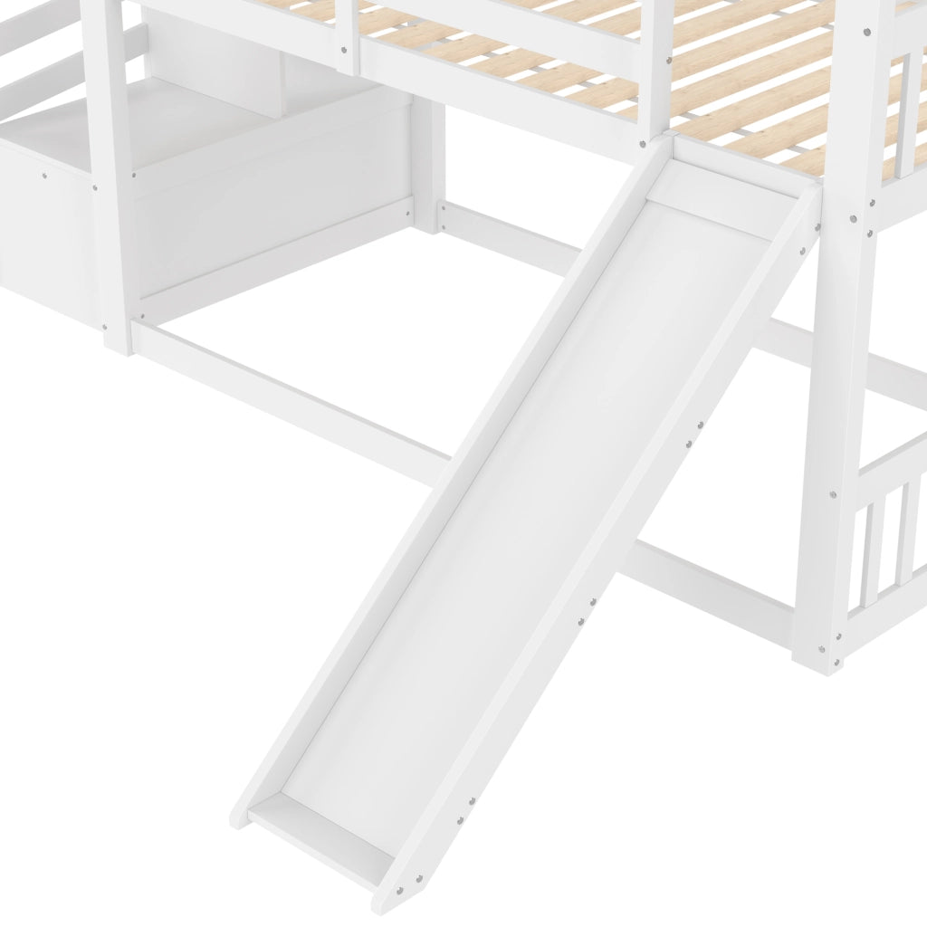 DESMIU Lit a castello casetta 90 × 200 cm 2 posti con scivolo e contenitore, senza materasso, bianco