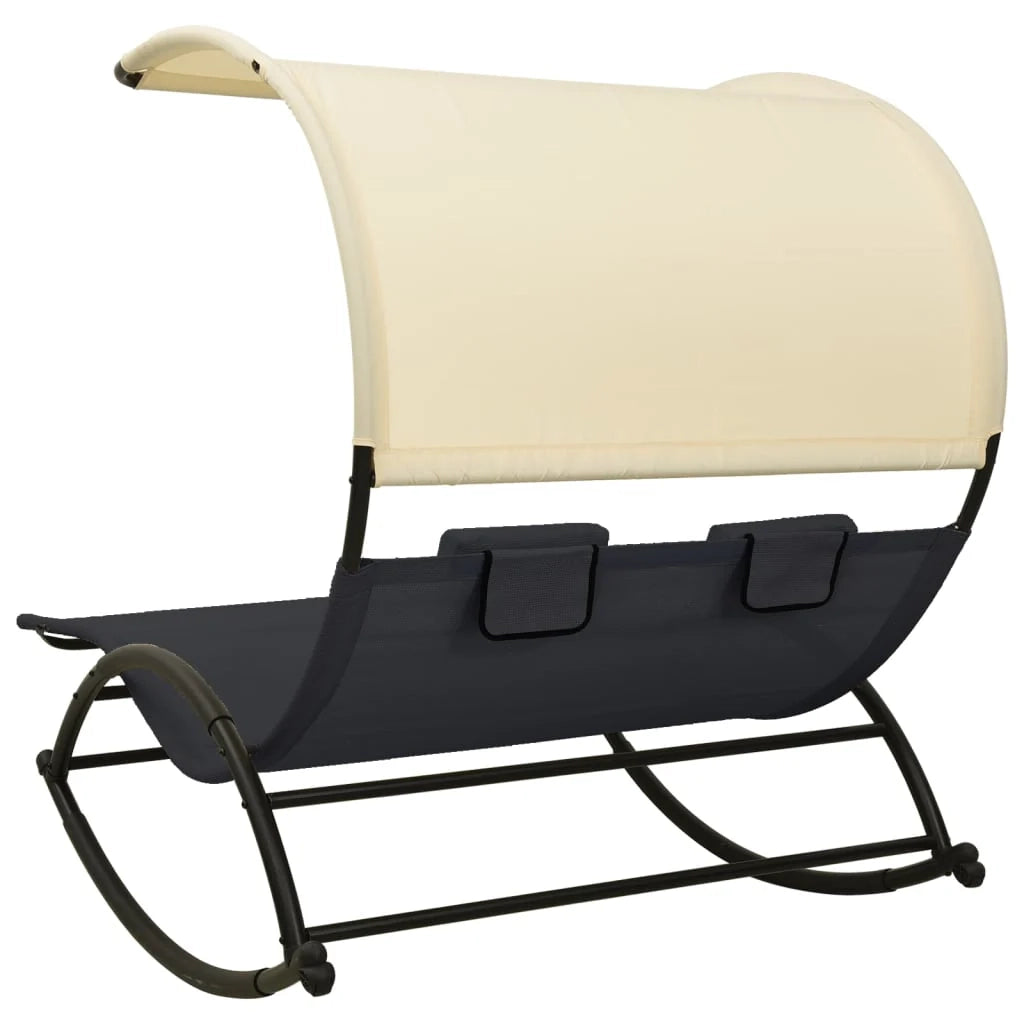 Lettino prendisole sedia a sdraio lettino prendisole letto da giardino mobili da giardino mobili da esterno doppi con baldacchino in textilene nero e crema 02_0012723