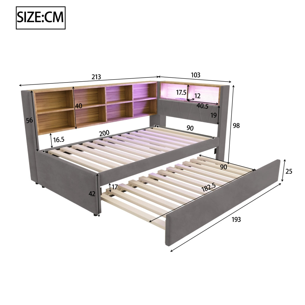 OKWISH Letto Divano Estraibile 90×200 cm, Letto 2 Posti con LED, USB, Tipo C e Prese, Scomparti, senza Materasso, Flanella, Grigio Scuro