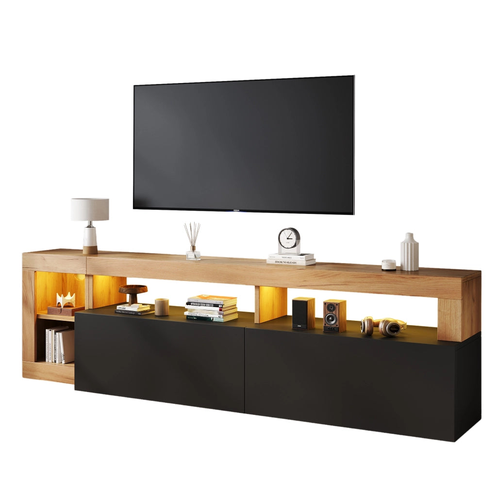 Mobile TV moderno in truciolato con illuminazione LED, colore nero e finitura effetto legno, 184 x 42 x 58 cm, per TV fino a 80 pollici