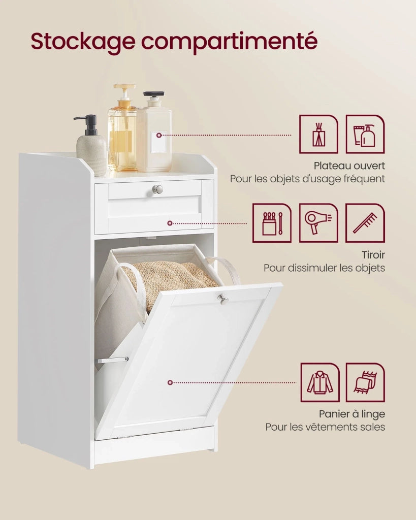 Mobiletto da bagno con cesto portabiancheria e contenitore dotato di 1 cassetto e 1 sacco interno portabiancheria estraibile con manici 40 x 40 x 80,2 cm bianco 12_0006485