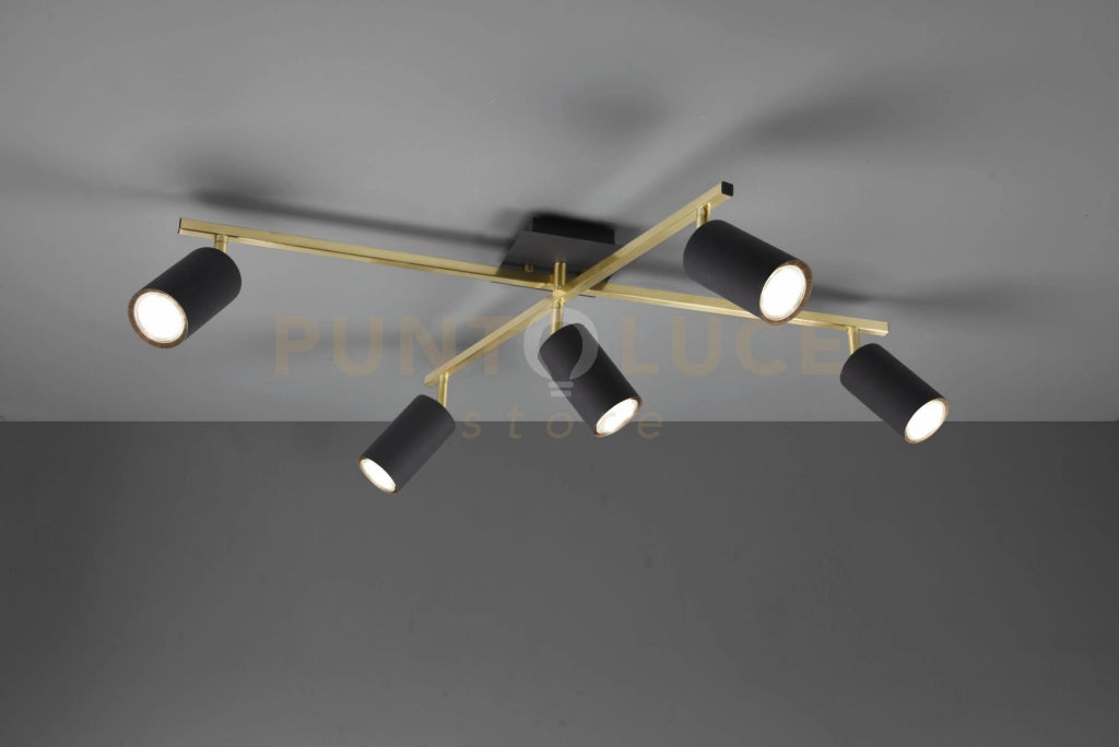 MARLEY PLAFONIERA 2 BARRE ORIENTABILI ORO CON 5 SPOTS CILINDRI NERO L.77,4CM 5 LUCI ATTACCO GU10