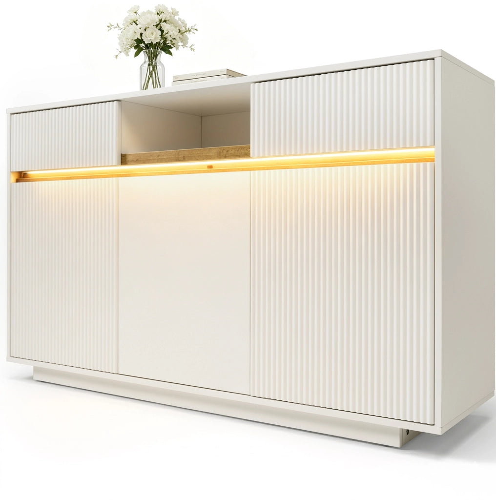 Madia bianca 140 x 40 x 85 cm con LED; 2 cassetti e ripiani regolabili