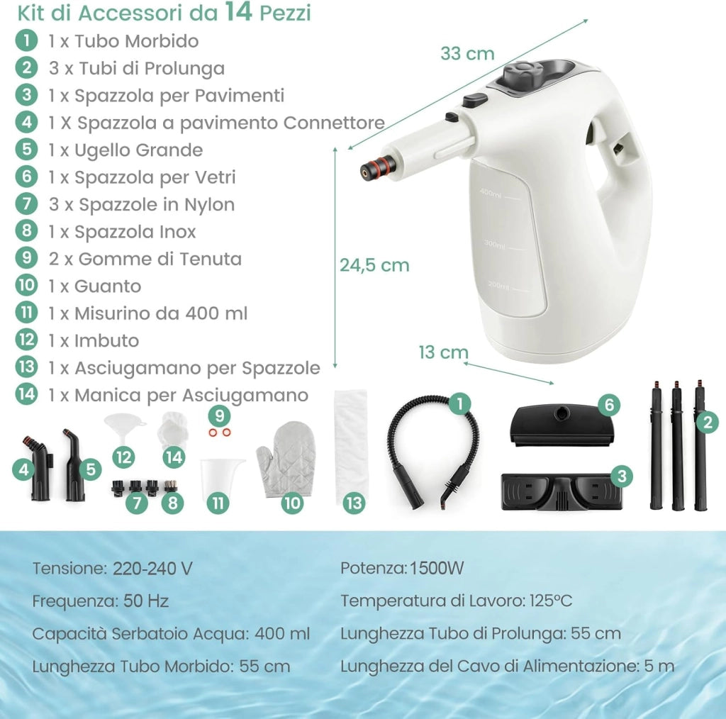 1500W Pulitore a Vapore Portatile, Macchina a Vapore con Serbatoio d'Acqua da 400 ml Blocco per Bambini e Kit di Accessori da 14 Pezzi, 33x13x24,5 cm (Grigio)