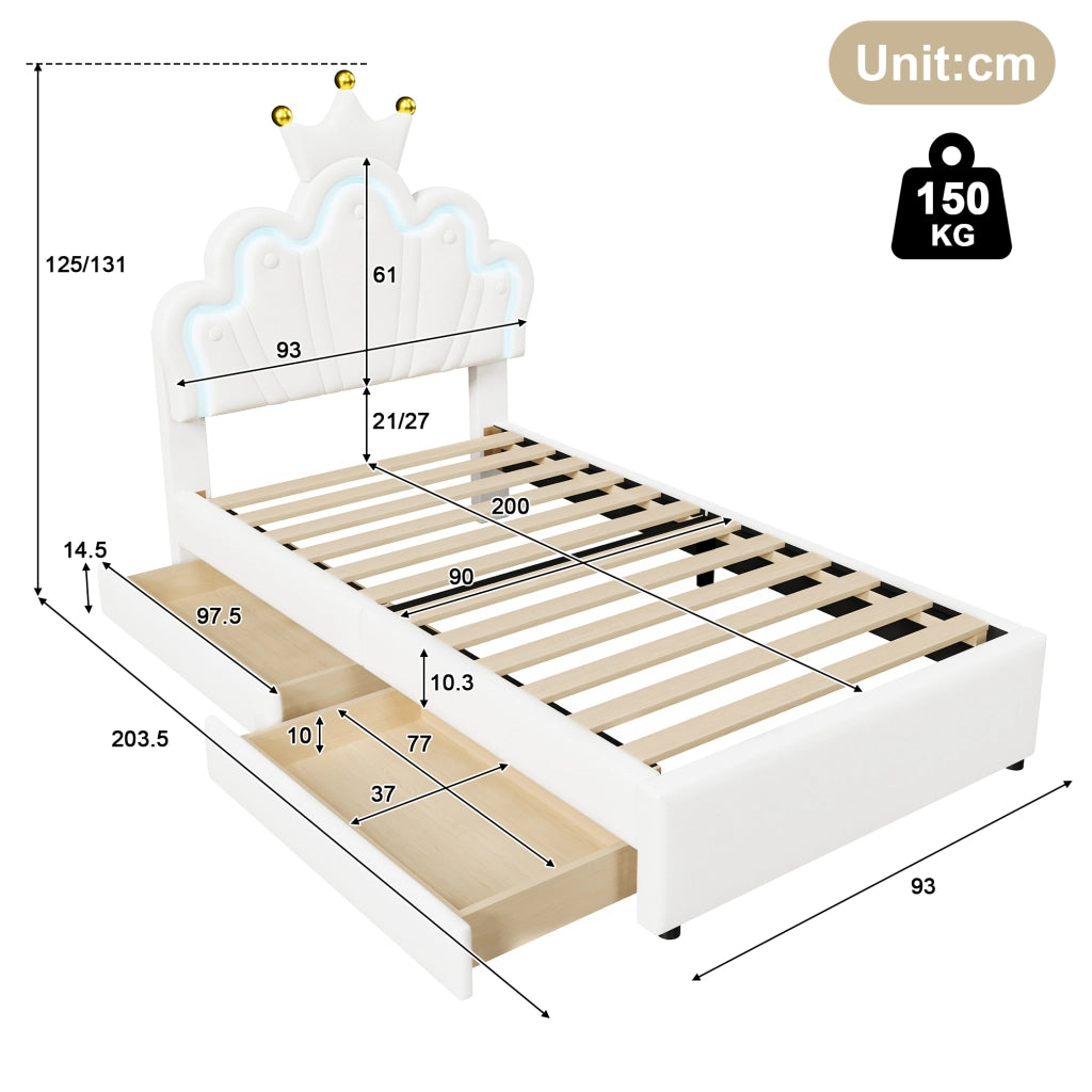 LETTO imbottito 90x200 cm PU bianco con testiera regolabile e 2 cassetti