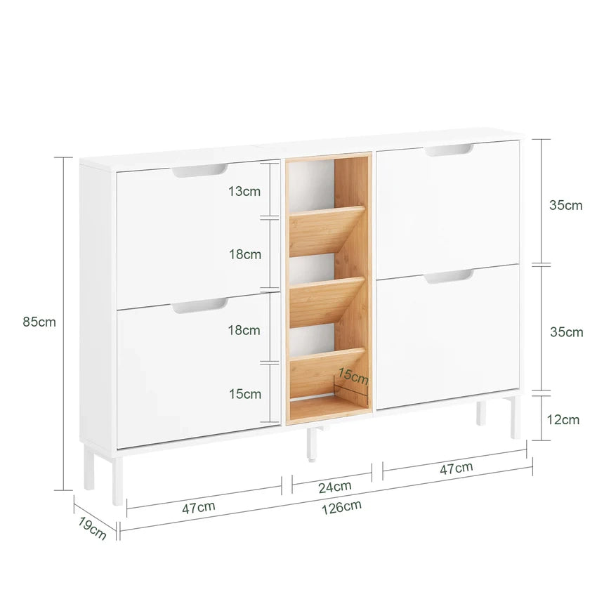SoBuy Scarpiera con 4 ribalte Scarpiera stretta con 3 ripiani Cassettiera per scarpe Bianco e Naturale 126x19x85 cm FSR183-WN
