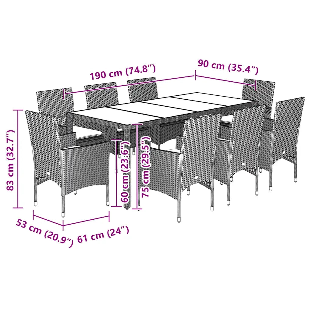 Set da Pranzo da Giardino 9 pz con Cuscini Polyrattan e Vetro