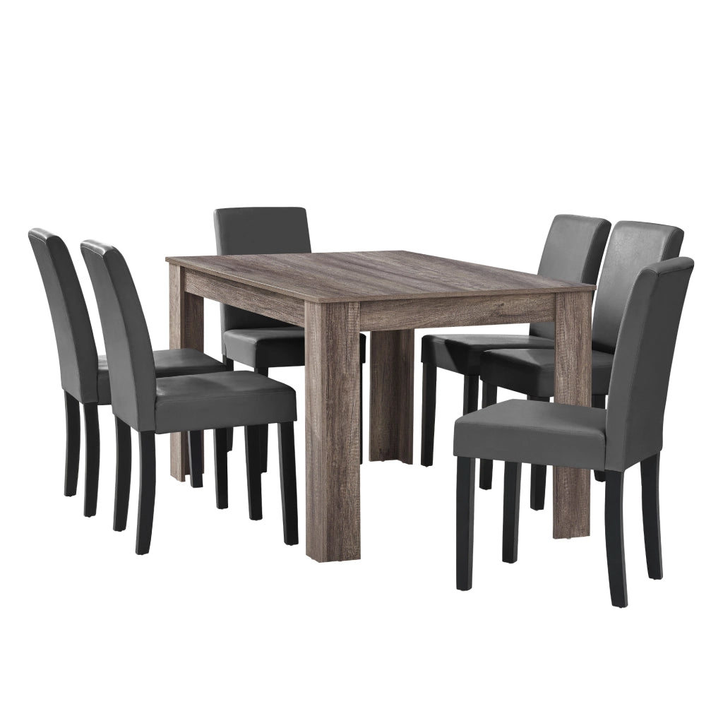 Set Pranzo con Tavolo 140x90 cm e 6 Sedie in Similpelle - Effetto Rovere Antico / Grigio scuro  [en.casa]