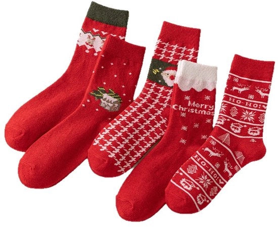 5 Pair di Calze di Camicia di Capra per Donna, per Natale, caldi e spessi, rosso.