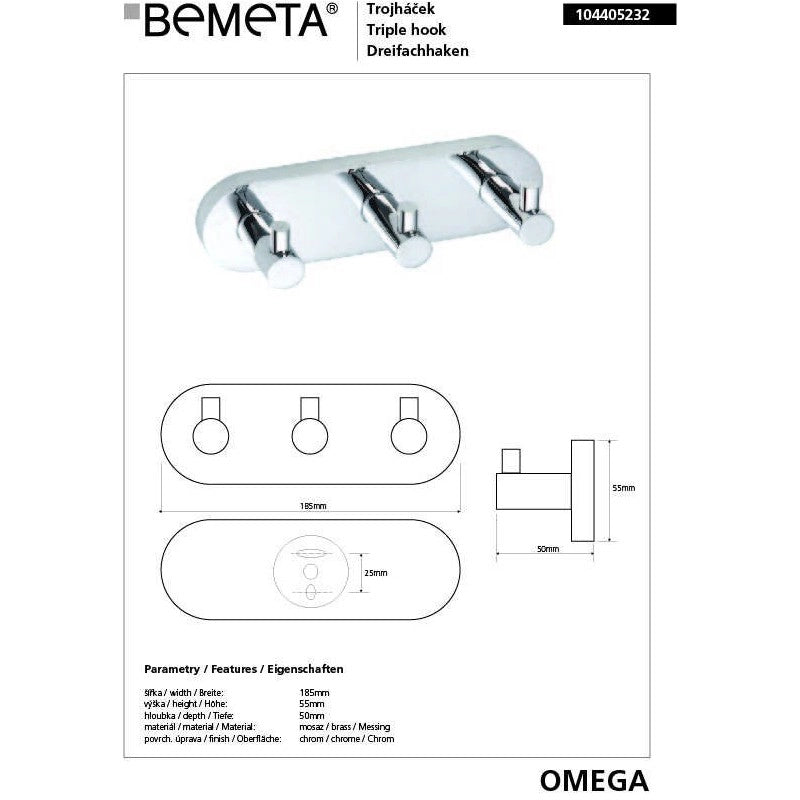 Gancio appendiabiti triplo OMEGA in ottone cromato 18,5x5x5 cm