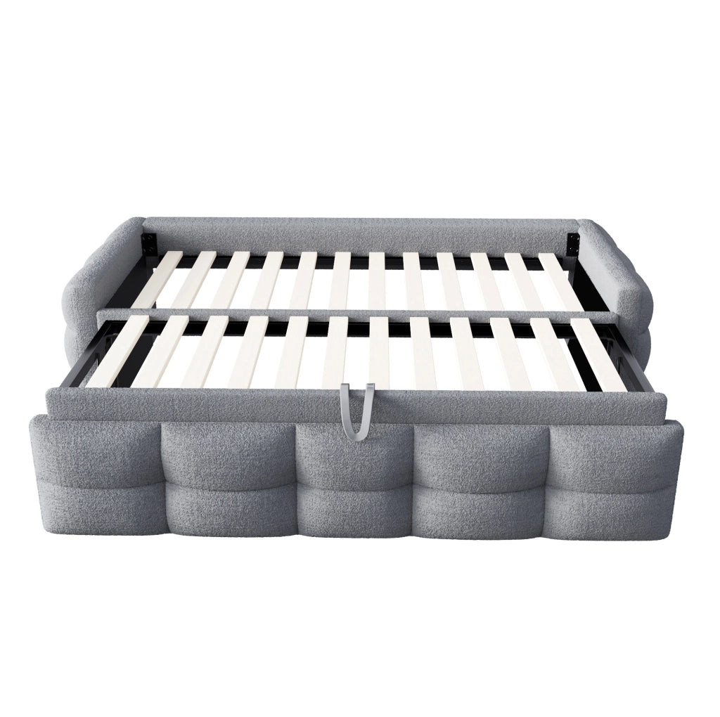 Letto imbottito estraibile 90/180x190 cm in teddy grigio con rete a doghe