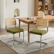 Sedia da pranzo moderna - Zephmum- Set di 2, schienale in rattan, base cromata, verde oliva