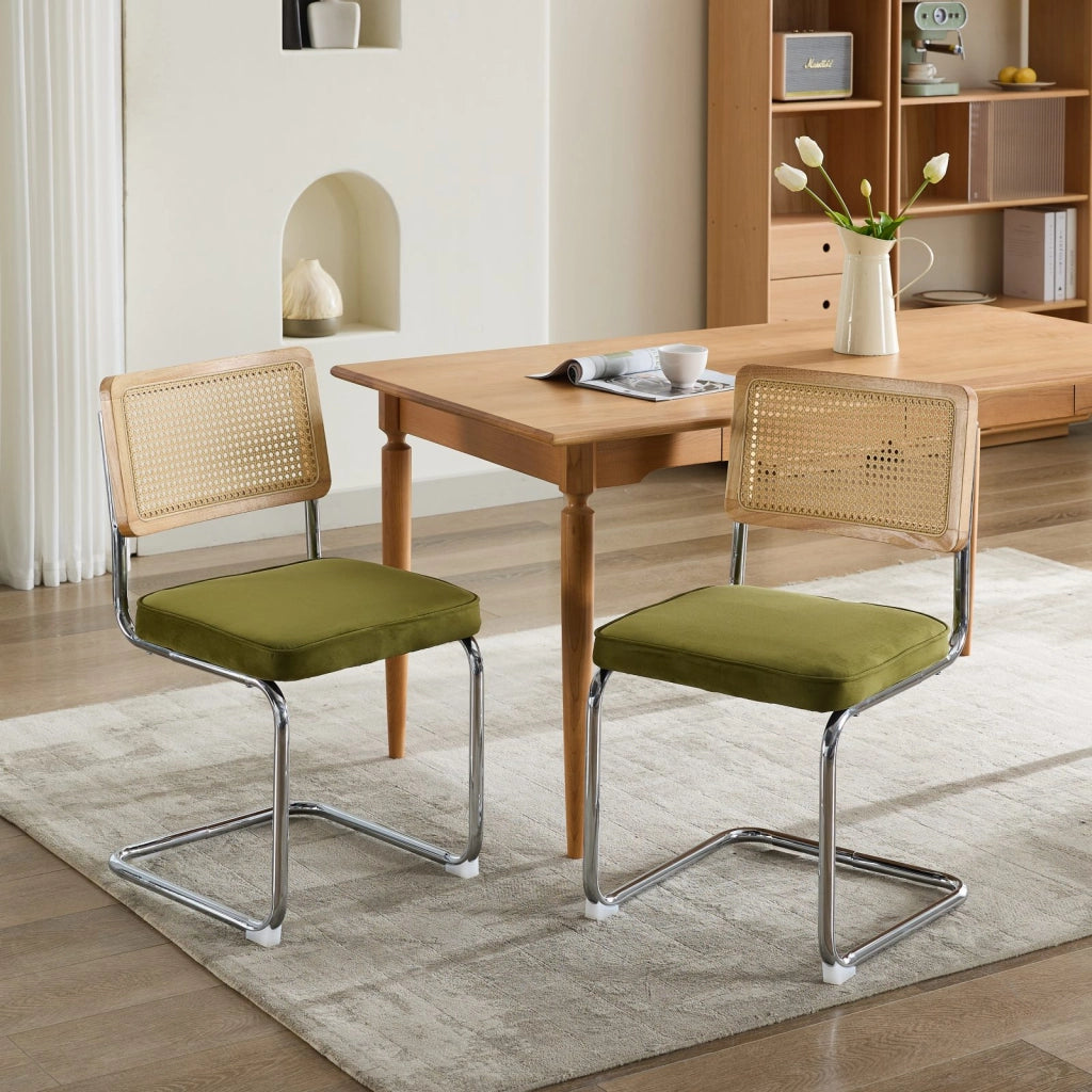 Sedia da pranzo moderna - Zephmum- Set di 2, schienale in rattan, base cromata, verde oliva