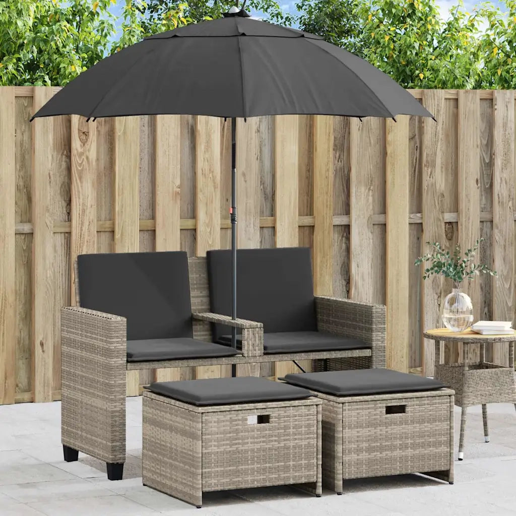 Divano 2 Posti-Sofa 2 Posti Ombrellone e Sgabelli Grigio Chiaro Polyrattan