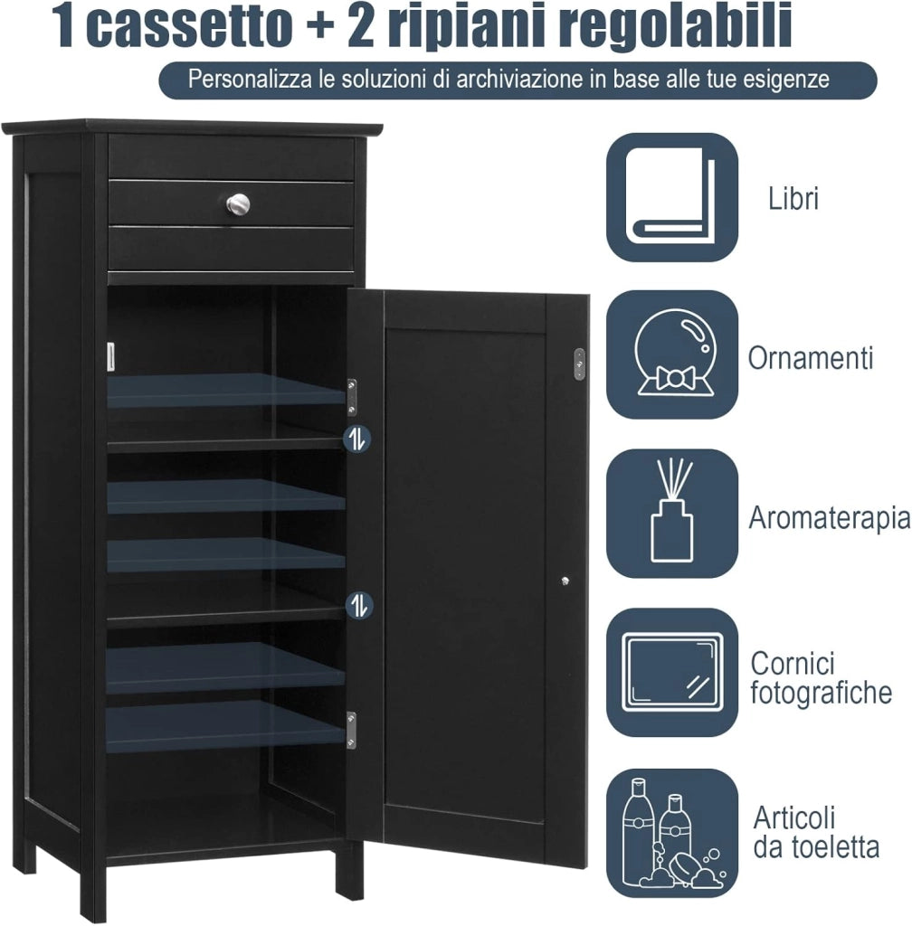 Armadio da Terra per Bagno, Mobile Armadietto con Cassetto, in MDF (E1) di Alta Qualità (Nero)