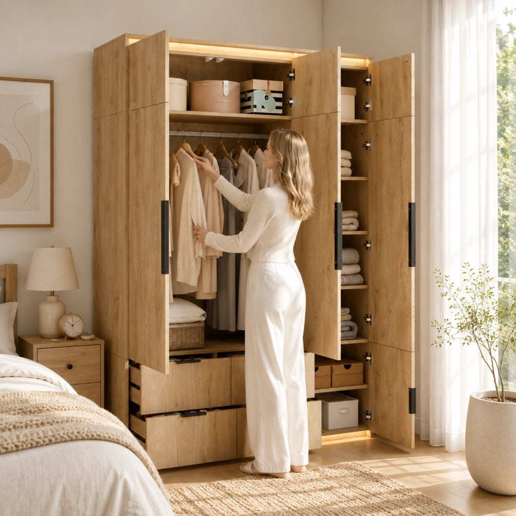 Armadio con specchio e LED, 3 ante, 4 cassetti e 8 vani, per camera da letto, in MDF rovere, 135 × 47 × 200 cm
