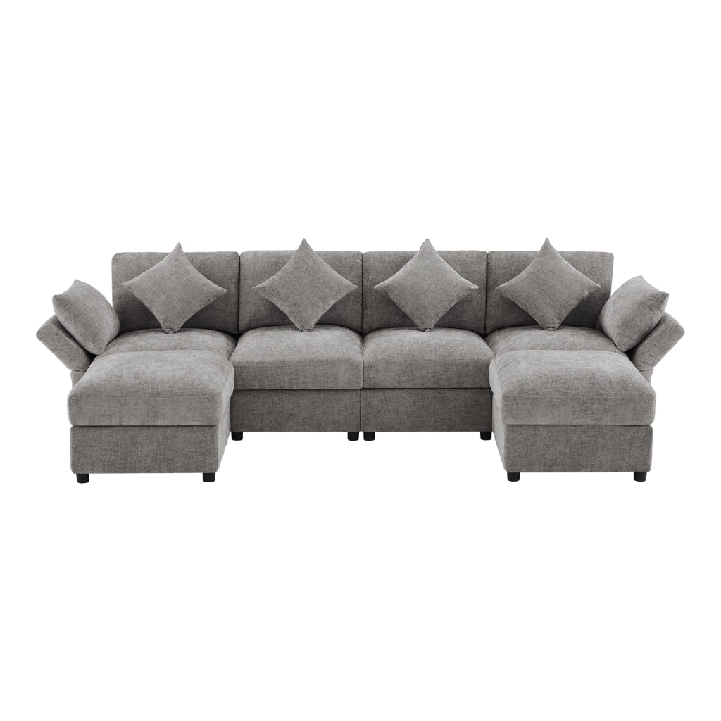 Divano modulare a L - Zephmum- Chenille, 4 cuscini decorativi, 2 poggiatesta, braccioli regolabili
