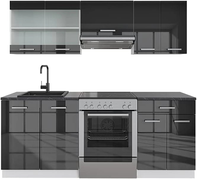 Unità di cucina R-Line, Antracite lucido/bianco, 200 cm senza piano di lavoro, adatto per l'espansione individuale con moduli aggiuntivi