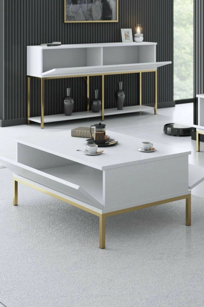 Tavolino da salotto Vespero, Tavolo basso da caffè, Portariviste per divano, Ripiano da soggiorno, 90x60h40 cm, Bianco e Oro