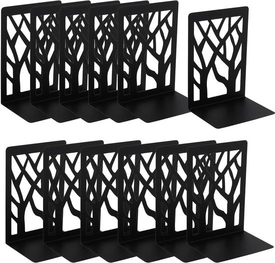 Sostegni Libri in Metallo Nero - Sostegni Libri Robusti - Pads Antiscivolo - Disegno Decorativo a Forma di Albero - Resistenti alla Ruggine - Base Stabile - Sostegni Libri