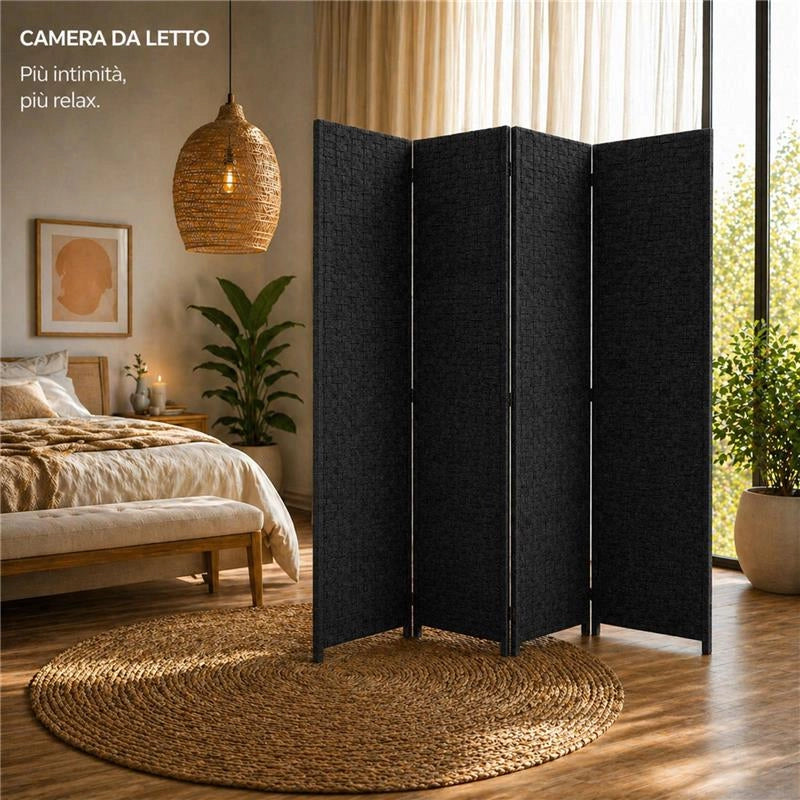 SEPARE' CON QUATTRO PANNELLI IN PLATICA NERO CON STRUTTURA IN LEGNO MISURE: 180X180CM