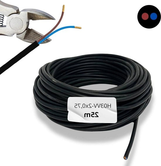 Cavo a 3 conduttori in PVC, diametro 0,75 mm², isolato in PVC doppio, diametro 0,8 cm, tensione 300V, temperatura massima 70 °C, colore interno blu e marrone.