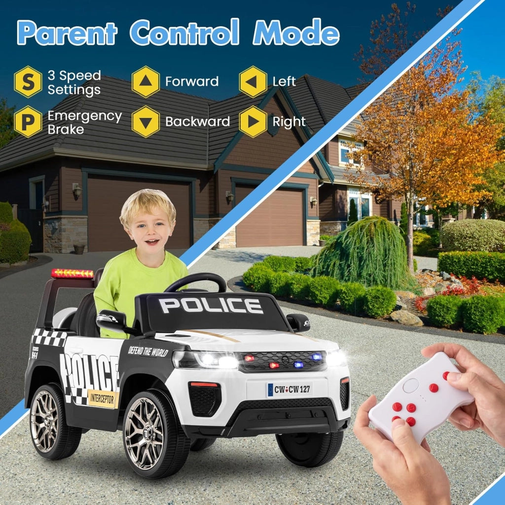 Macchina Elettrica della Polizia per Bambini 12V con Telecomando, Auto Elettrico a Pedale, Veicoli con Sirena, Musica, Fari LED, USB e Radio, 3 km/h, Carico 30 kg, 3-8 Anni (Bianco)
