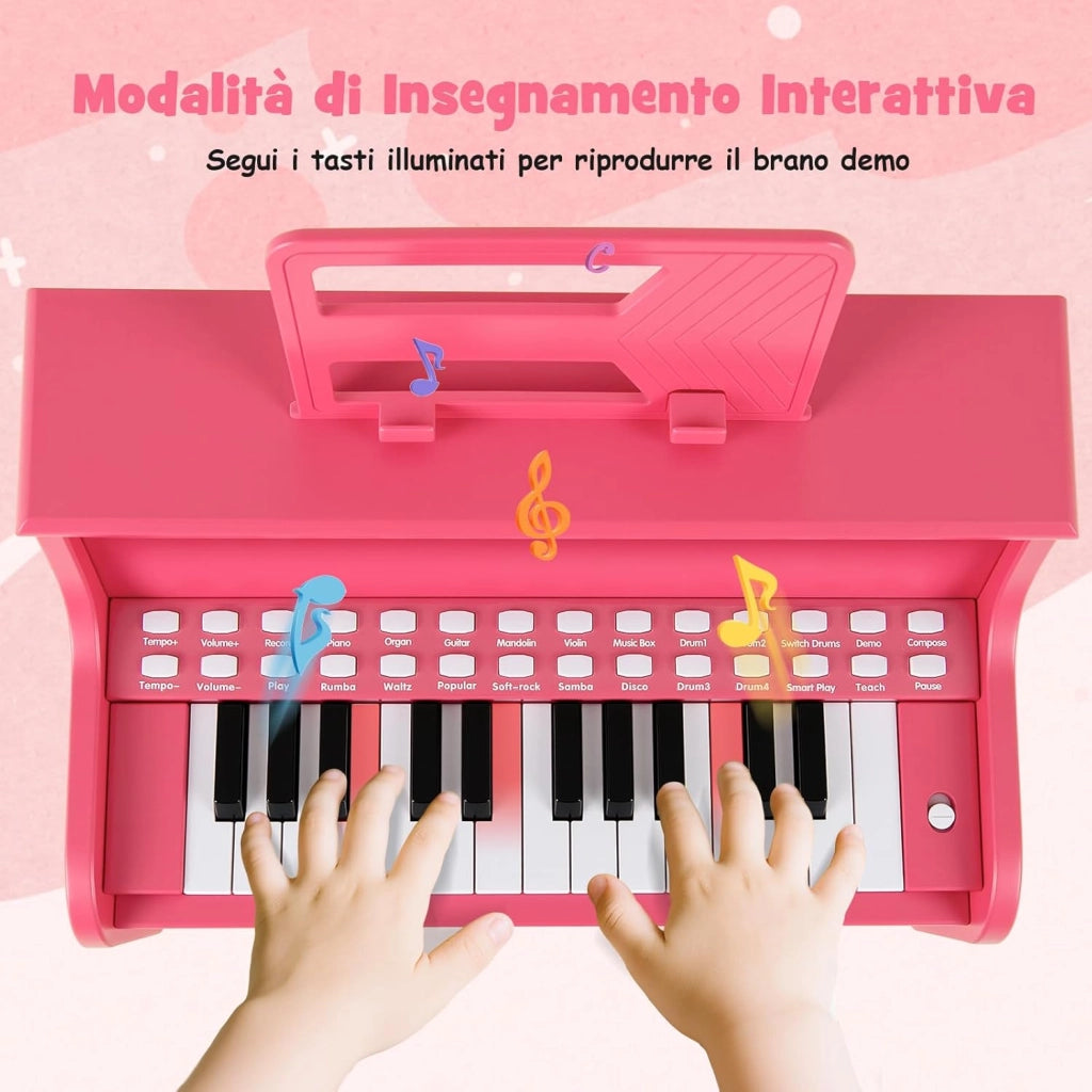 Pianoforte Digitale Bambini a 25 Tasti con Luci, Pianola Elettrica con 6 Toni, 15 Demo e 8 Percussioni, Set Tastiera Musicale con Sgabello e Leggio Rimovibile, per Bambini 3+ Anni (Rosa)