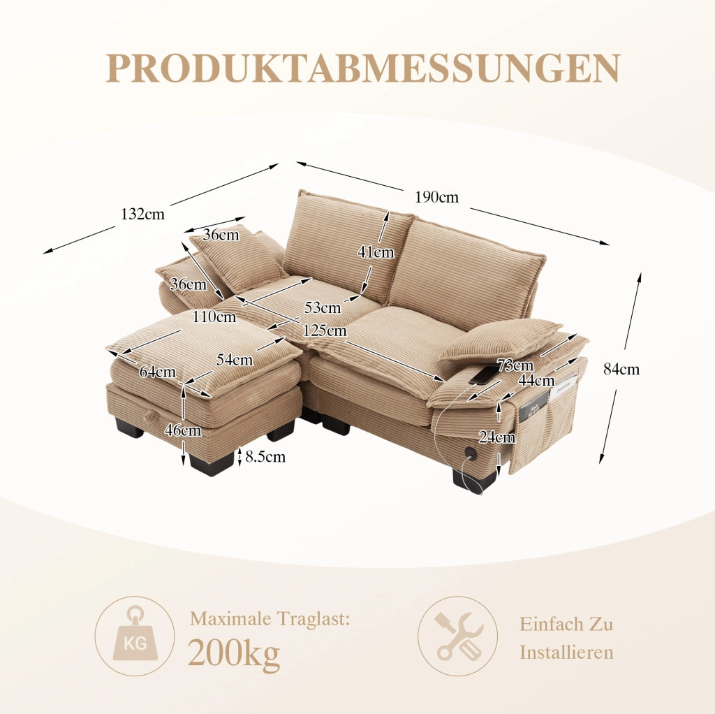 Divano 2 posti ULEVR 190x132x84 cm con pouf contenitore, USB-C e tasche laterali, in velluto a coste kaki