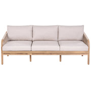Divano da giardino a 3 posti in legno di acacia chiaro con cuscini imbottiti beige chiaro, struttura a doghe, per terrazza, stile moderno