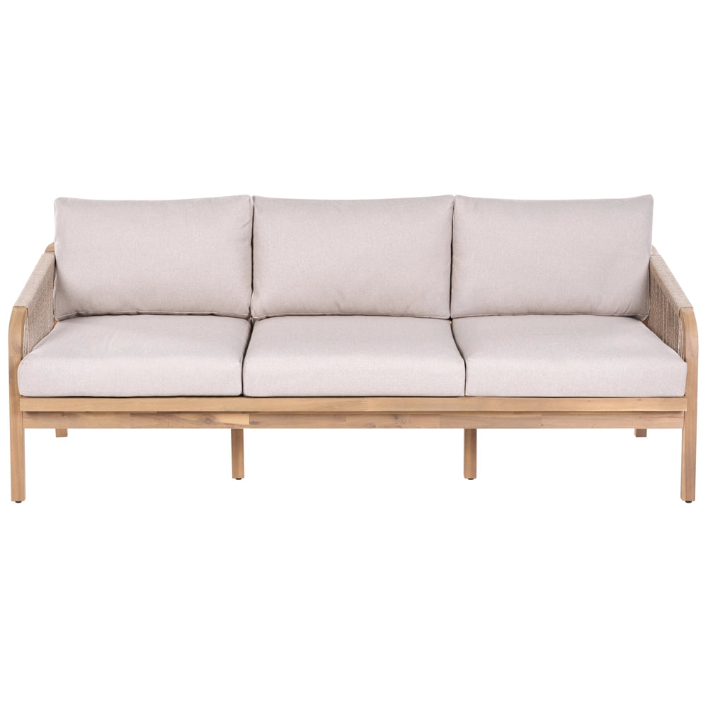 Divano da giardino a 3 posti in legno di acacia chiaro con cuscini imbottiti beige chiaro, struttura a doghe, per terrazza, stile moderno