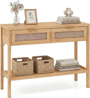 Tavolo Consolle, Tavolino da Divano in Legno con Doppio Cassetto, Ripiano Inferiore e Ampio Piano, Kit Antiribaltamento, Consolle per Ingresso, Corridoio e Soggiorno (Naturale)