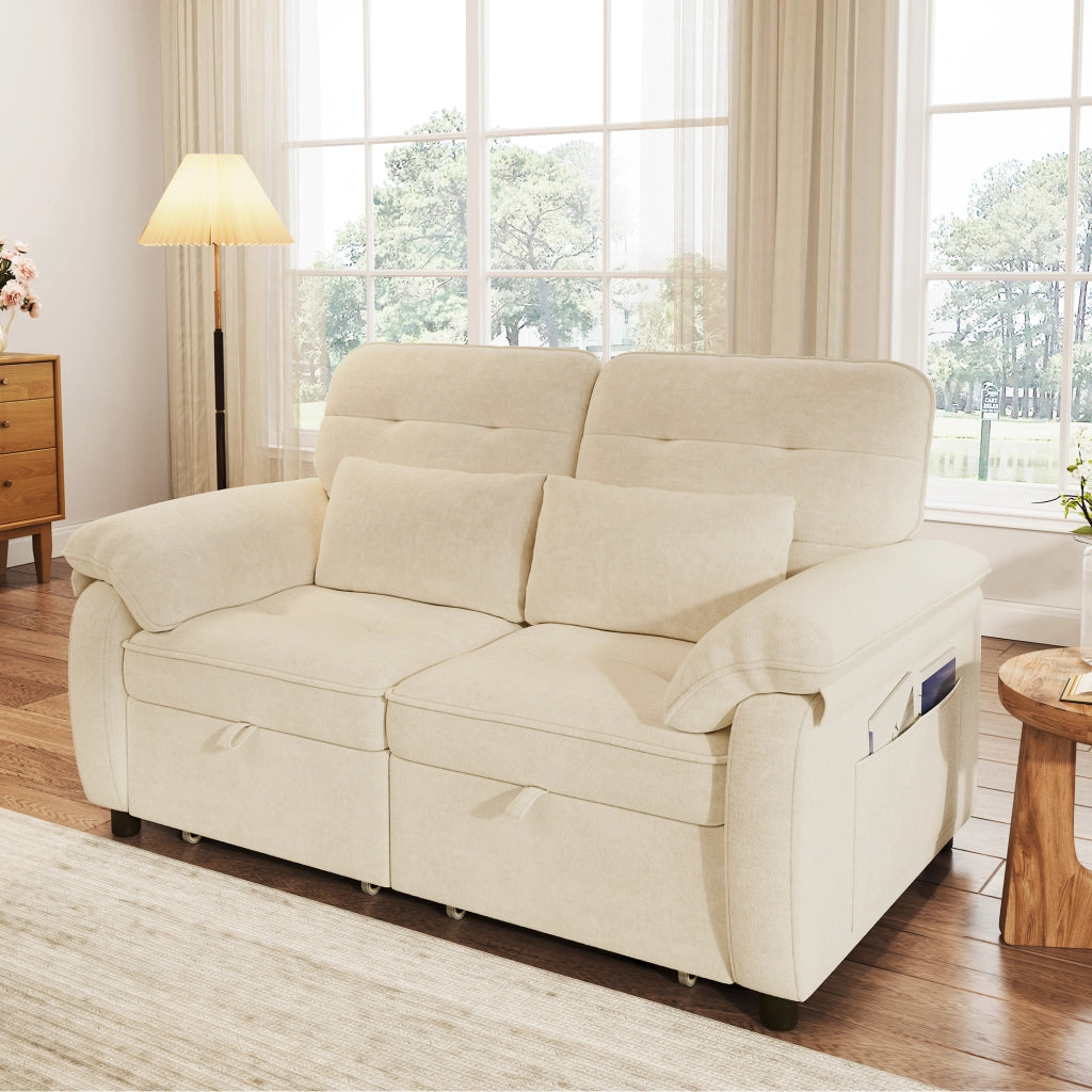 Divano letto 3 in 1 convertibile 142 cm in chenille beige con porta USB e Type-C