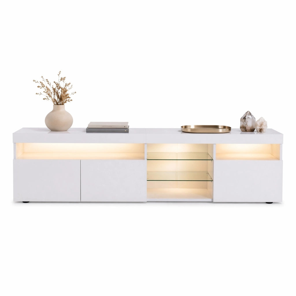 Mobile TV moderno bianco lucido 180 cm con LED variabile e ante in vetro laminato