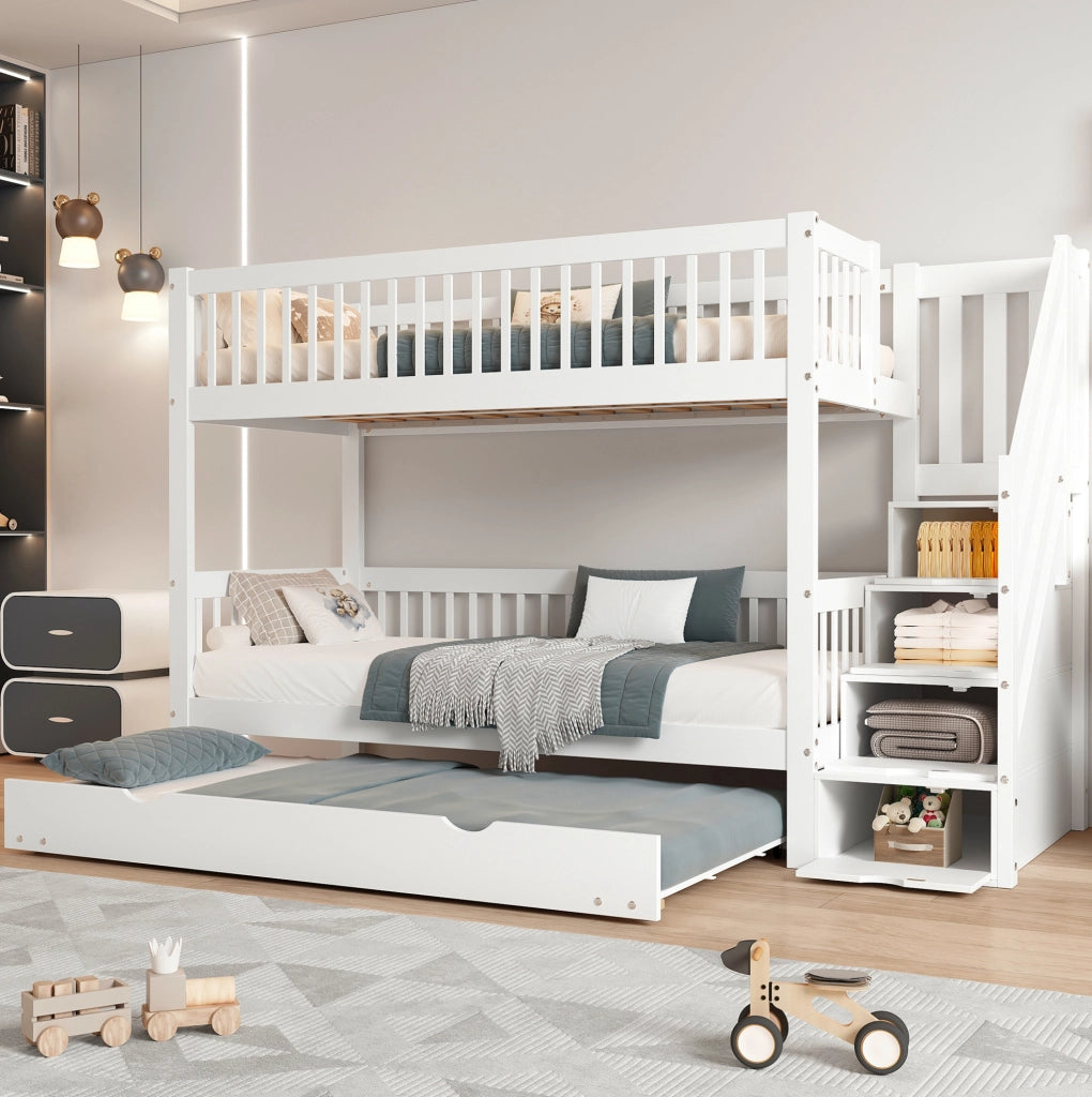 Letto a castello con letto estraibile, scaletta con contenitore e protezioni