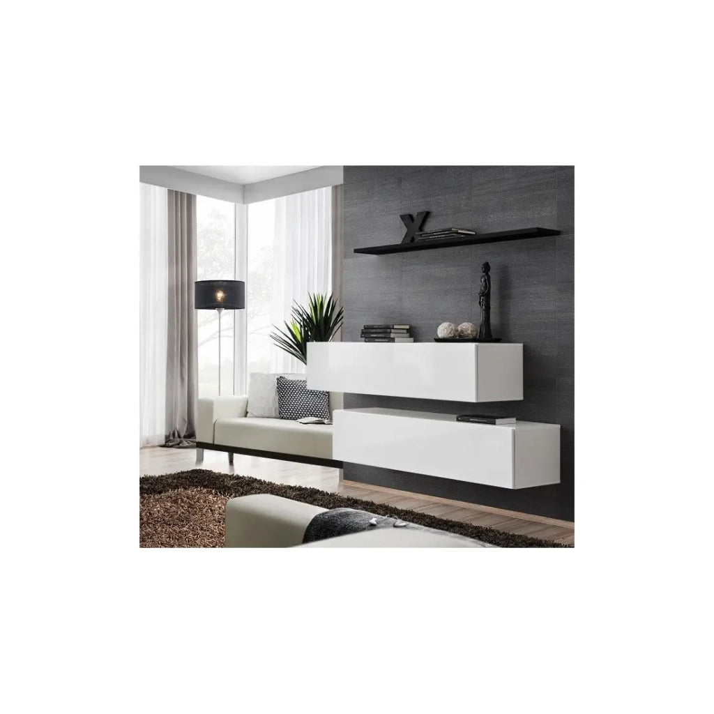 Set di mobili da soggiorno SWITCH SBII design, colore bianco lucido e scaffale nero.