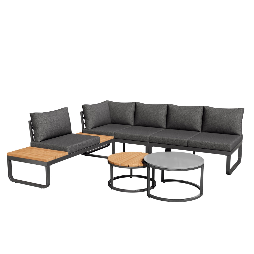 Set lounge da giardino 5 posti con 2 tavolini impilabili in ferro grigio con cuscini inclusi