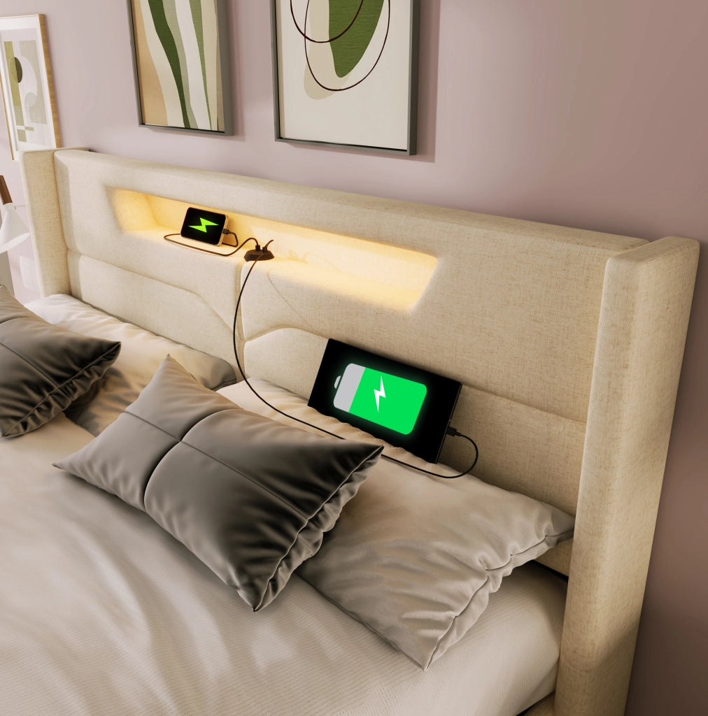 Letto contenitore 160x200 cm in tessuto di lino beige con LED; USB e Type-C